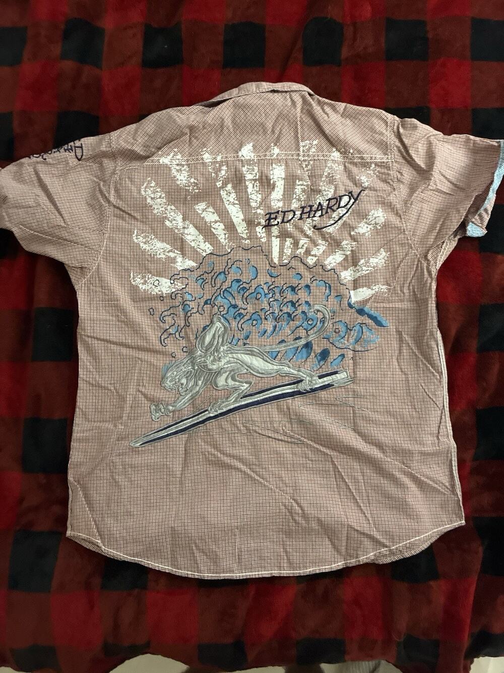 Ed Hardy Men's L Check Short Sleeve Button-Up Shirt Embroidered Logo vintage red